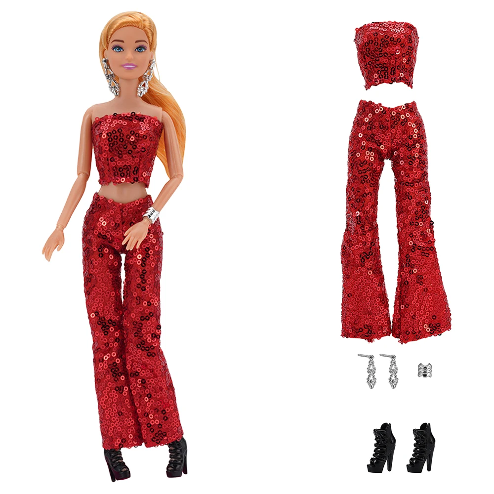 NK 1 Комплект Лъскави червени рокли за излизане кукли на сцената: топ + панталони + елегантни обеци + гривни + обувки на висок ток за аксесоари на куклата Барби