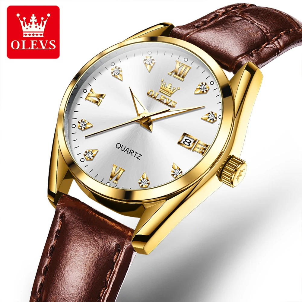 OLEVS 5522 Прости кварцов часовник с кръгла циферблат, кожена каишка за часовник, календар, светлинен