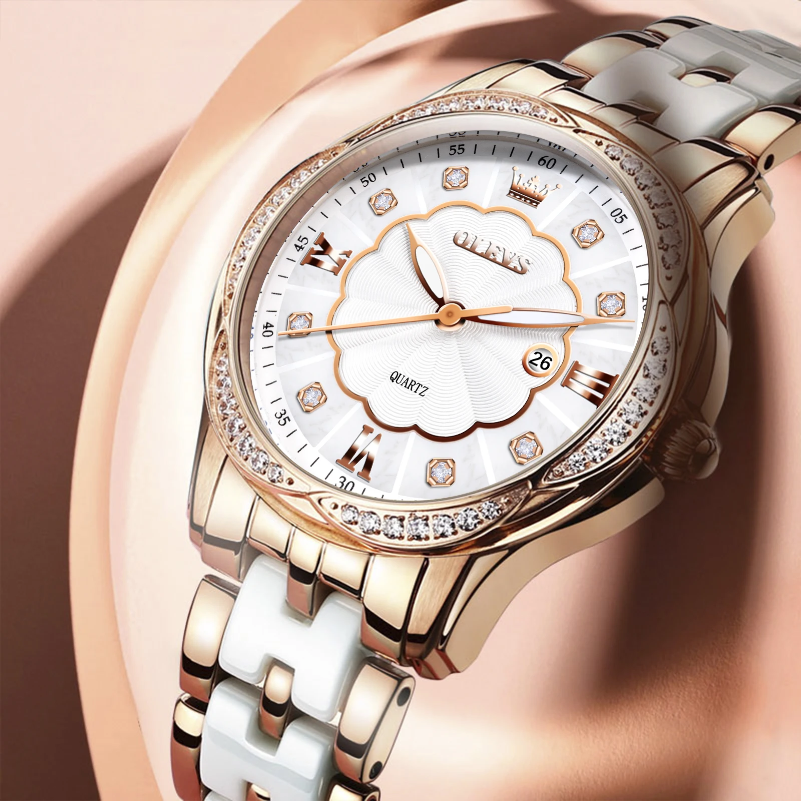 OLEVS Нови Дамски часовник от розово злато с оригинален циферблат във формата на листа, керамични водоустойчив кварцови часовници за жени