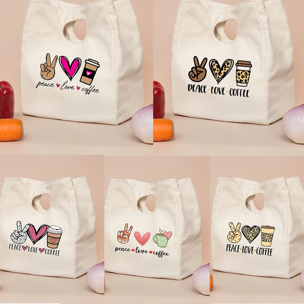 Peace Love Coffee, Модерна чанта за обяд с графичен принтом, училищни термосумка за студенти, учители, Множество преносим чанта за вечеря