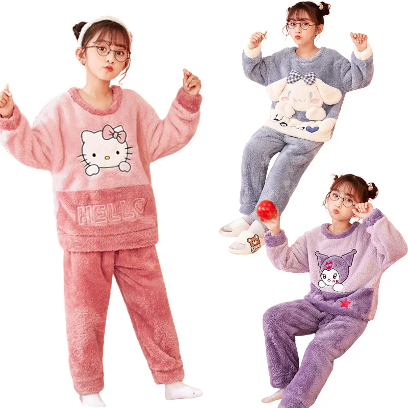 Sanrio Здравей Kittys/ Загрята Пижамный комплект Kuromi Cinnamoroll Зима-Есен, Фланелевая Детска Топла Домашна Дрехи За момчета и Момичета