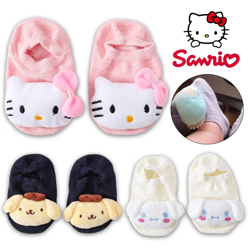 Sanrio Чорапи за бебета Hello Kitty, детски чорапи в стил аниме Kawai, Мультяшные Сладки чорапи за малки момиченца, мини-чорапи Cinnamoroll с плюшено помпоном, мини-чорапи Cinnamoroll