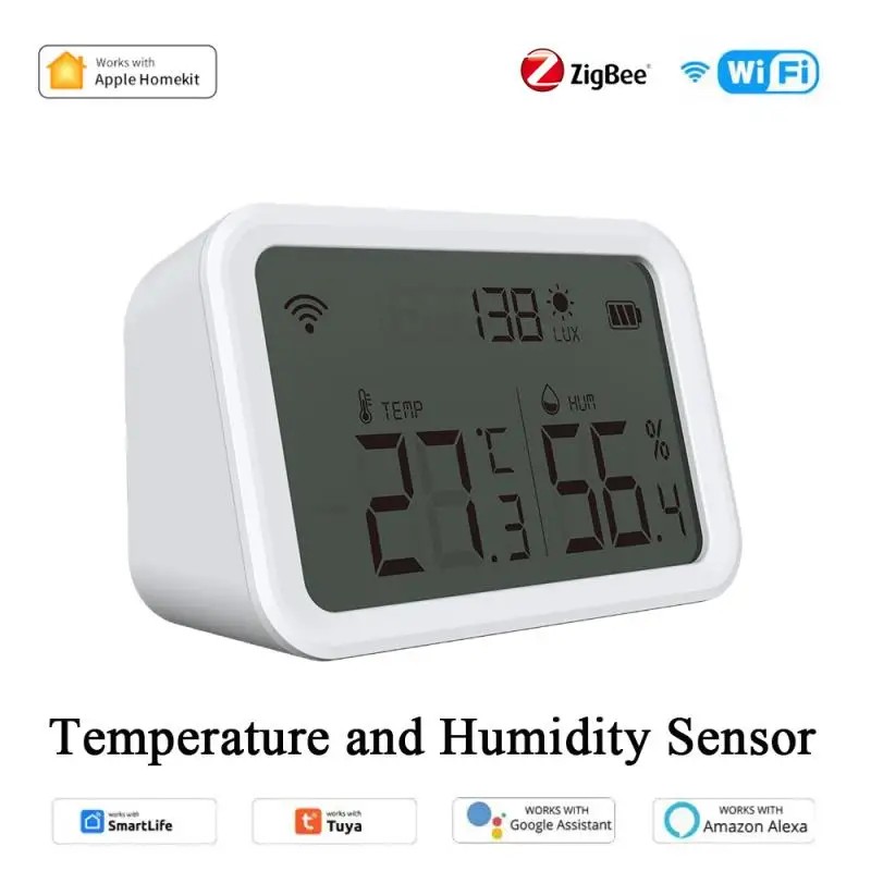 Sasha / HomeKit Wi-Fi Zigbee Интелигентен сензор за температура и влажност на въздуха и сензор за осветеност Лукс, влагомер за стая, термометър с LCD екран