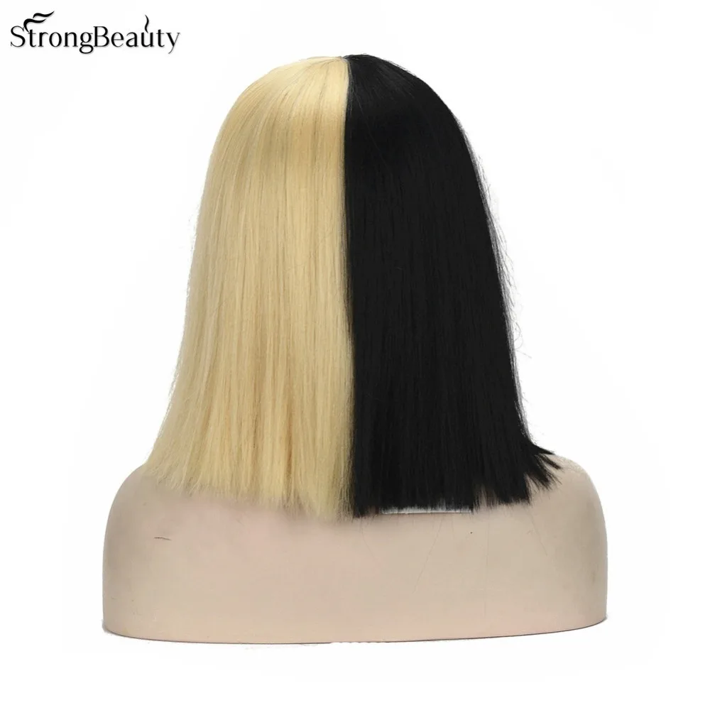 StrongBeauty перука за cosplay, със средна дължина, права, наполовина черен, наполовина светъл Боб, синтетични перуки за коса