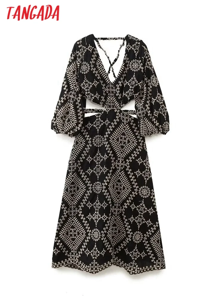 Tangada 2023 Лятно Дамско Винтажное Памучни рокля с бродерия на гърба и ръкав-фенерче, Секси Дълга рокля 6H391X