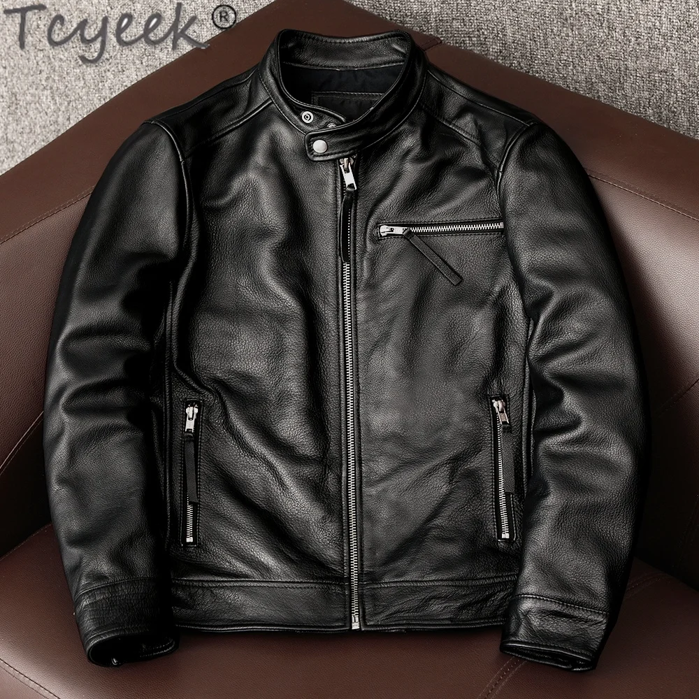 Tcyeek Мъжко пролетно яке, мотоциклетни якета, Мъжко сако от естествена кожа, Модерно байкерское палто, мъжки облекла от телешка кожа