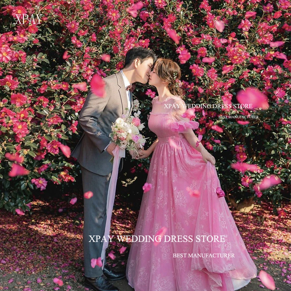 XPAY Принцеса Розови Дантелени Вечерни рокли за бала Трапецовидна форма Корея, Сватбена Фотосесия С Благородни Деколте и Къси ръкави Градински сватбени рокли