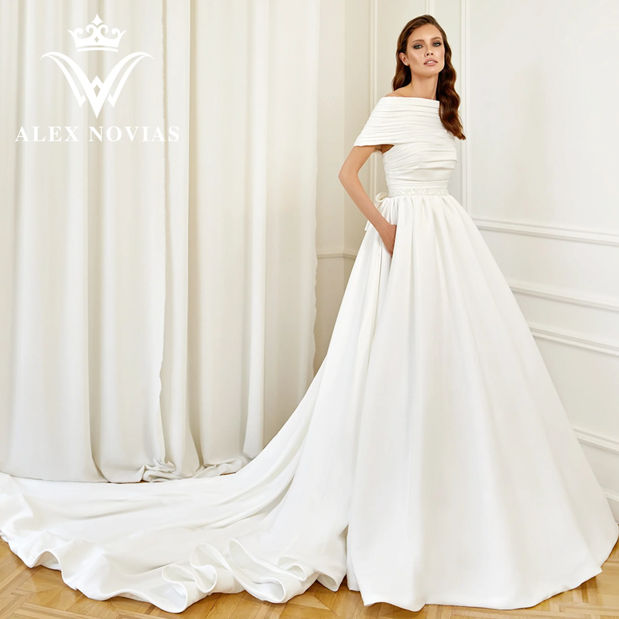 Атласное Сватбена рокля с А-силует ALEX NOVIAS, Нов Дизайн 2023, Деколте Лодка, Джобове Със Сгъваеми Лък, Сватбената Рокля Vestidos Novias De Saten