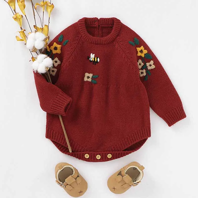 Бебешко боди за новородено, боди за момиченца, дрехи, пуловер с ръчно изработени бродерии, есенни трикотажни комбинезони за деца, цели тела