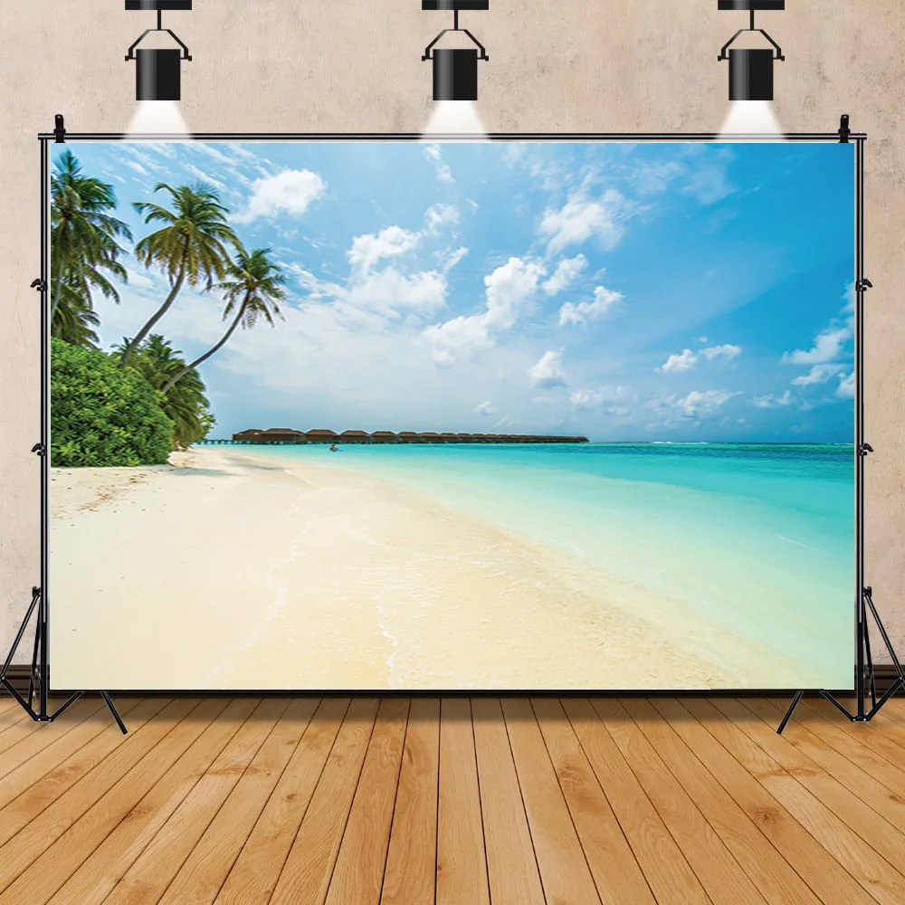 Винил Пясъчен Плаж почивка, Годишен фон за цифрова фотография, подпори, Кокосова палма, пейзаж, на прозореца, на фона на фото студио JK-16