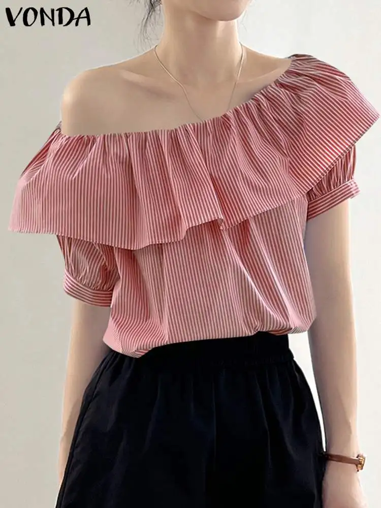Вонда елегантни дамски райе блуза Секси мода V-образно деколте с открити рамене накъдрен блузи, тениски 2024 къс ръкав туника топ blusas женски