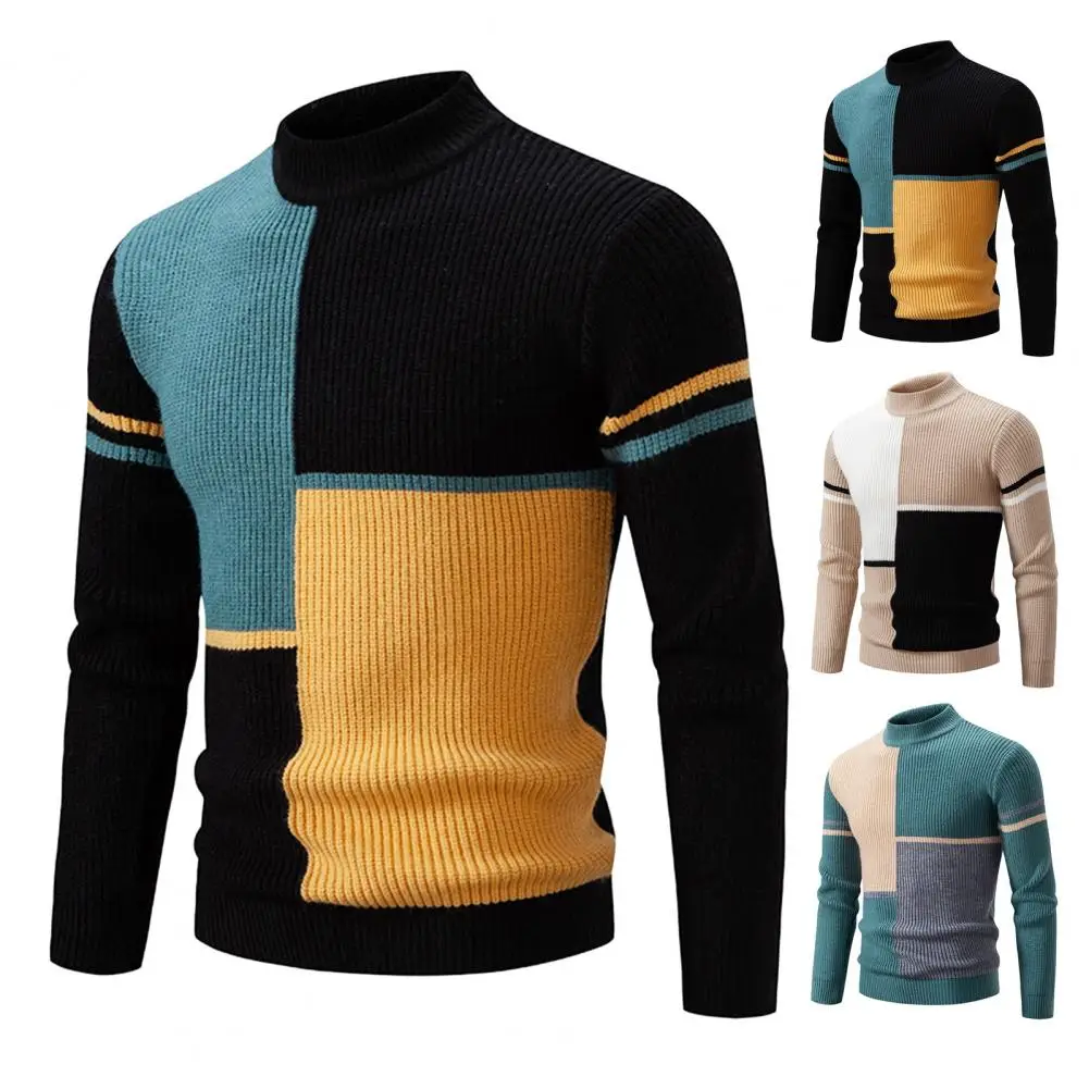 Вязаный мъжки пуловер с цветни блокчета, пуловер с полуприлегающим висока яка, оборудвана, топла есен-зима, Полуприлегающая поло
