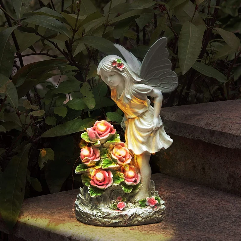 Градински фигури Градинска статуя на Ангел Външен декор Скулптура от смола на слънчеви батерии Украса за градината Подарък за нов дом