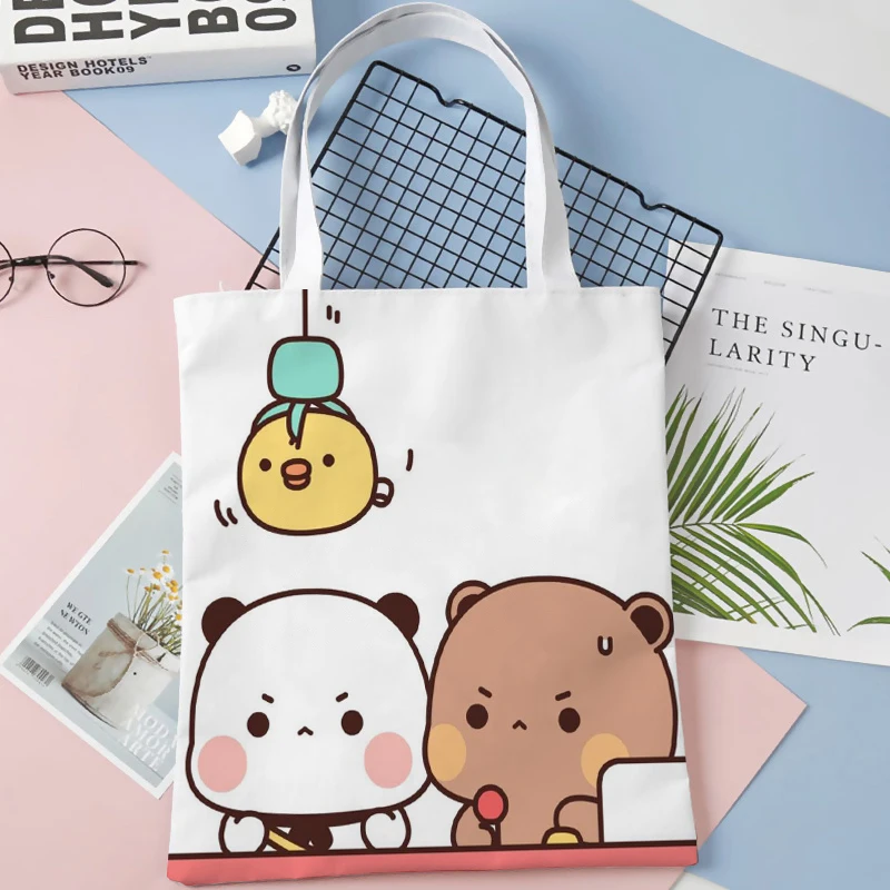 Дамска чанта Panda Bear Hug Забавни Мультяшные Чанти за пазаруване Множество Чанта с Голям капацитет Реколта Чанта през рамо Мультяшная Чанта от ленена тъкан