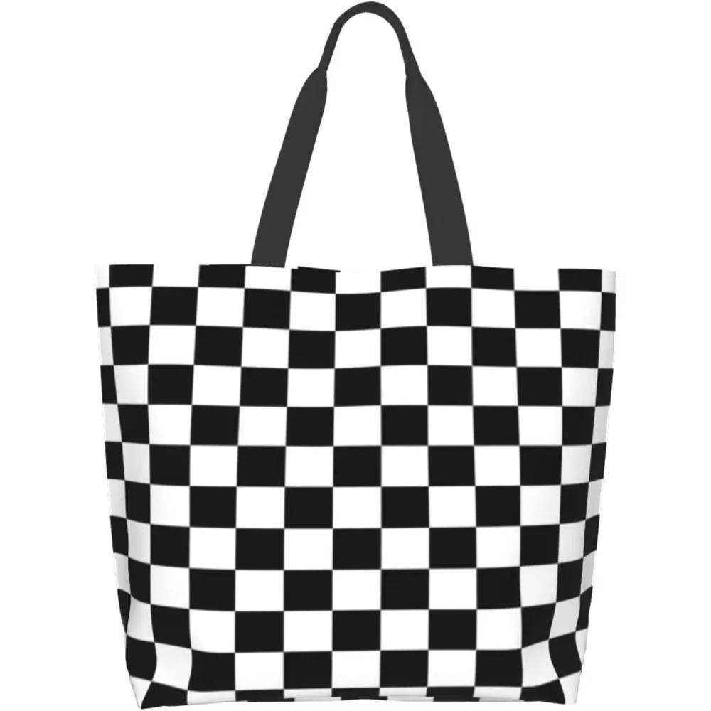Дамска чанта-тоут в черно-бяла клетка, плажна холщовая чанта през рамо, торби за многократна употреба за пазаруване, подаръци за пикник за момичета