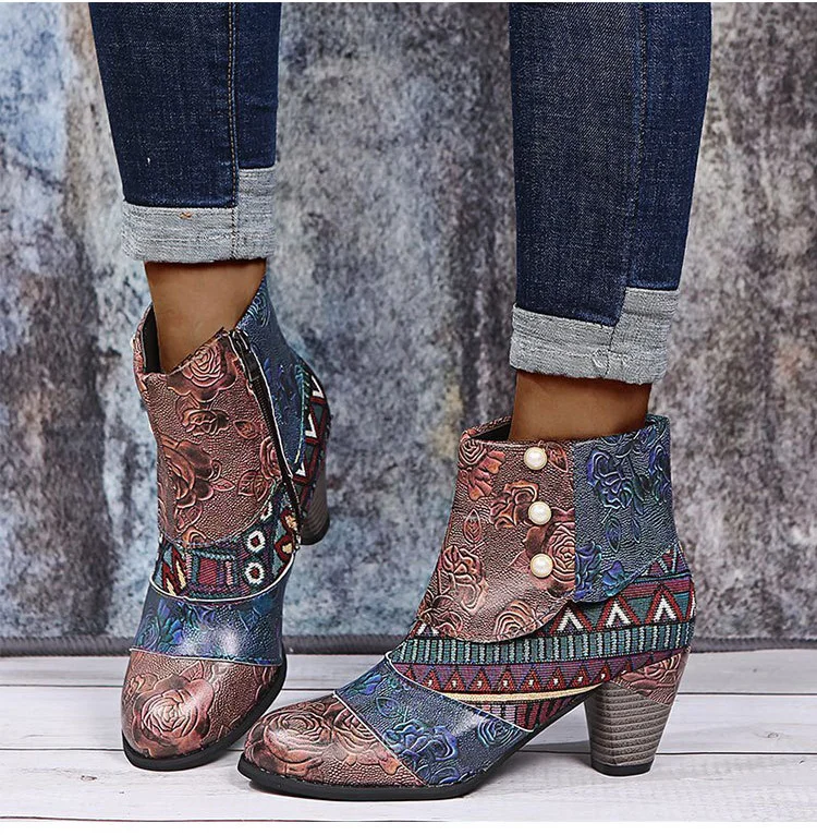 Дамски ботильоны, есенен дамски обувки от изкуствена кожа, етническа водоустойчив ежедневни реколта обувки, къси ботуши с цип и високи токчета Botas Mujer