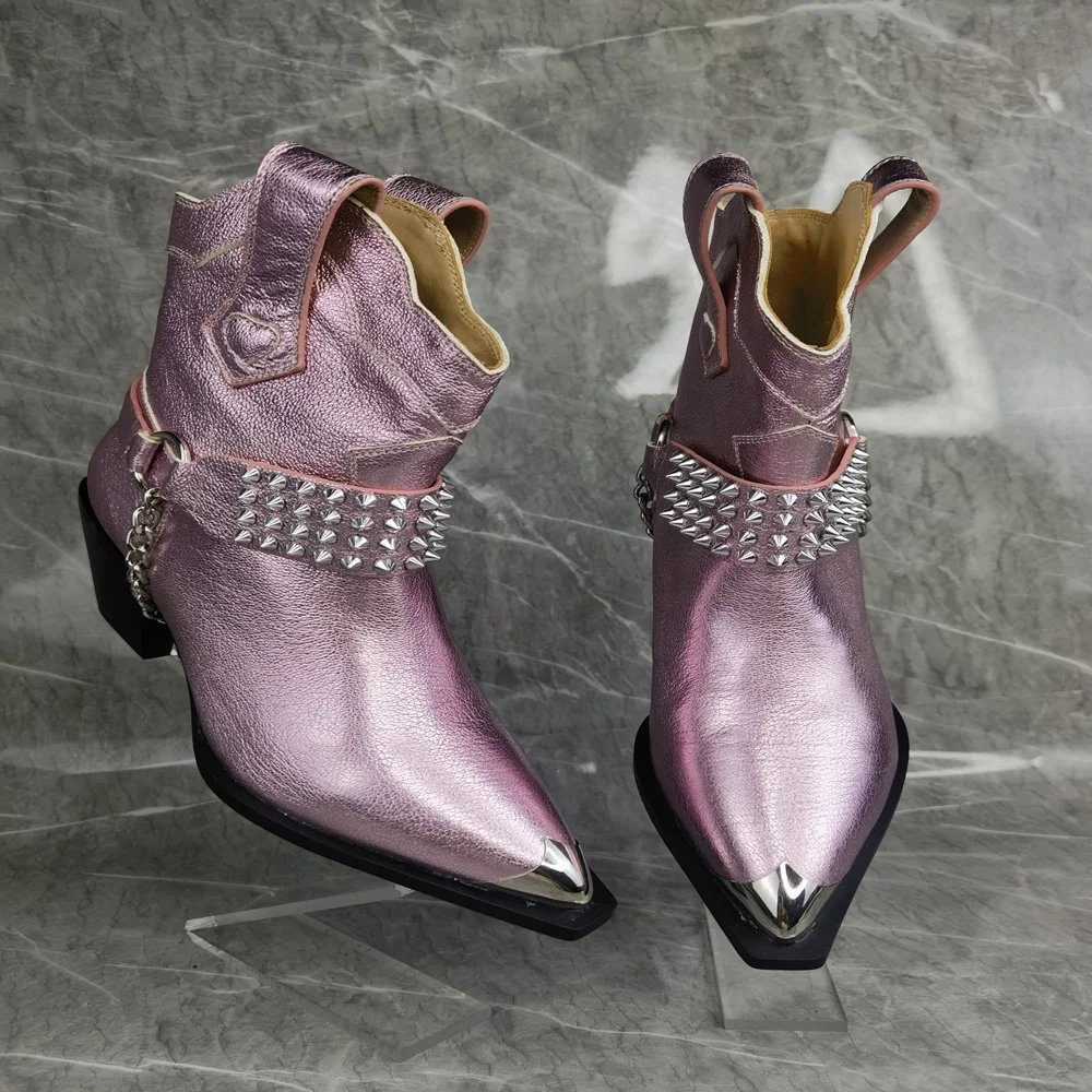 Дамски ботуши с остри пръсти и нитове, къси ботуши, увеличаване на нарастване до средата на прасците, Обувки Челси от естествена кожа, Дамски обувки 2023