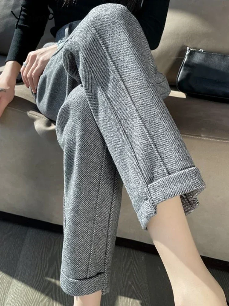 Дамски вълнени панталони Yitimoky с висока талия, есен-зима 2023, нови Корейски модни прави панталони, Офис Дамски панталони с дължина до щиколоток