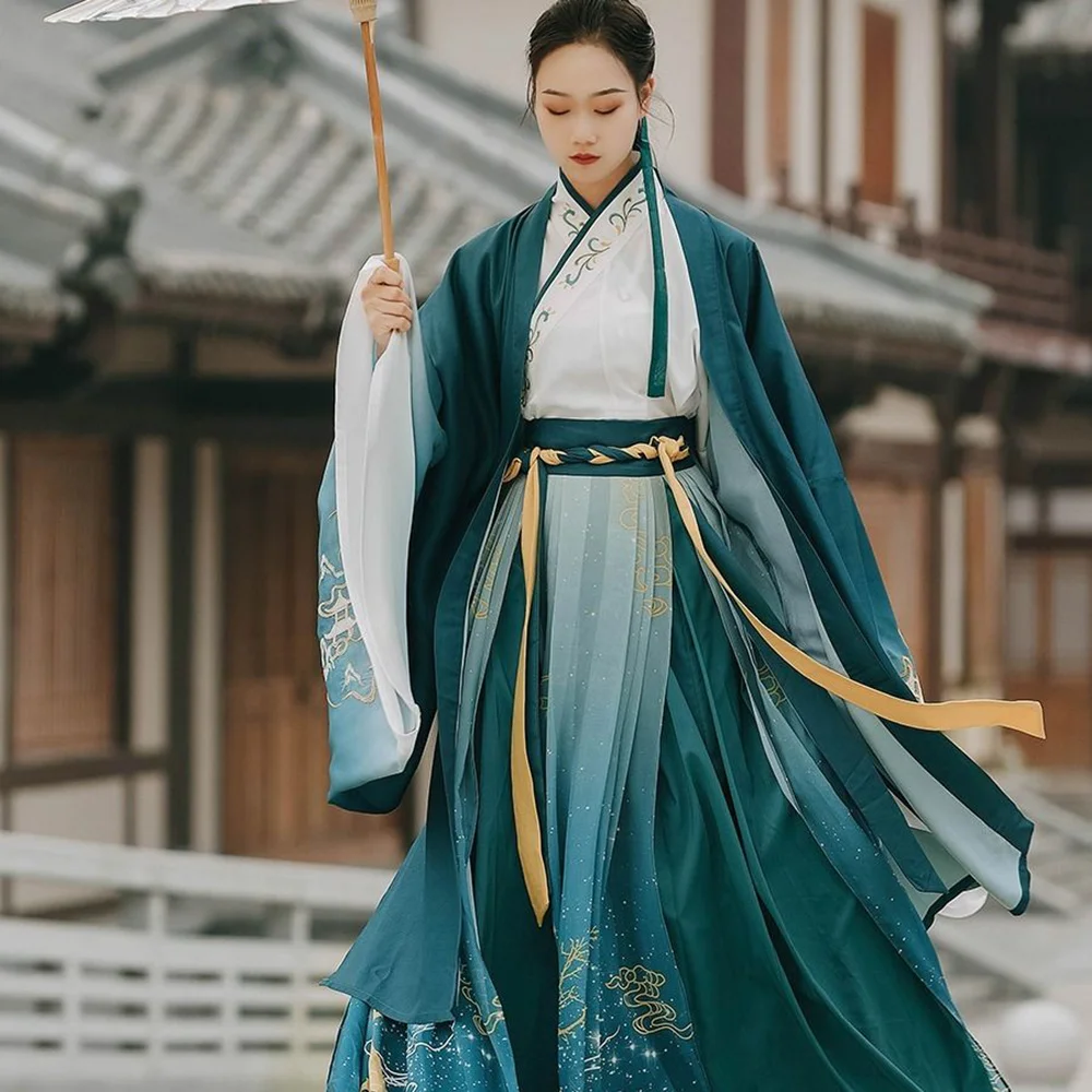 Дамски дрехи Hanfu с градиентной зелена бродерия лосове, традиционен комплект Hanfu, Китайското рокля, кралят костюм Cos