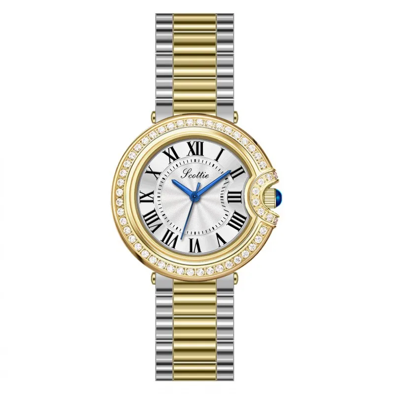 Дамски кварцов часовник Scottie Луксозни Диамантени Класически Римски цифри Злато каишка от неръждаема стомана Часовник Orologio Дамски ръчен часовник