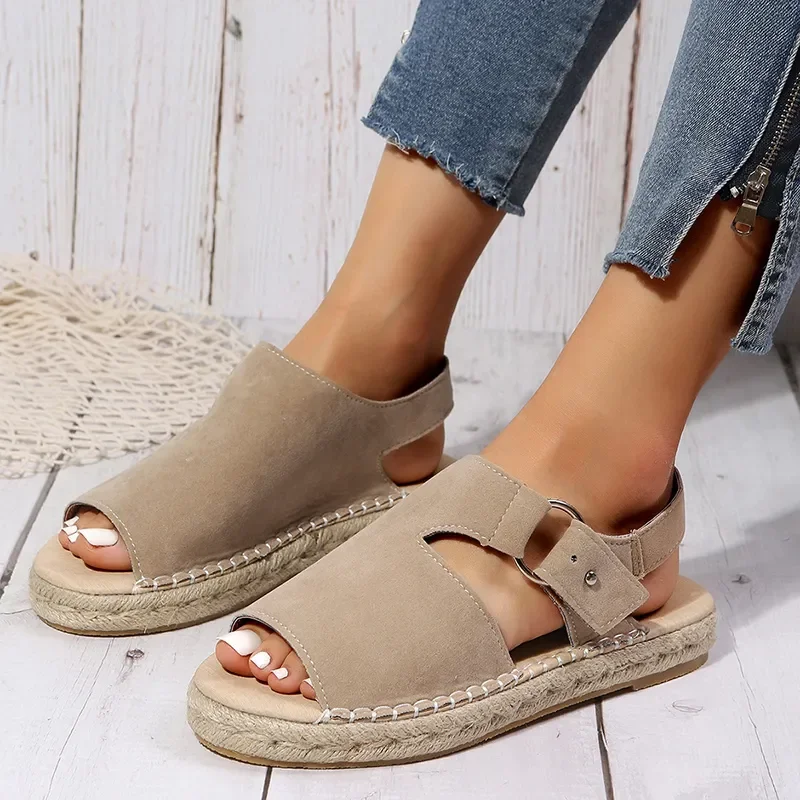 Дамски сандали-espadrilles на равна подметка в ретро стил, 2023, нескользящая плажни обувки от флока с отворени пръсти, дамски ежедневни римски сандали от изкуствена кожа