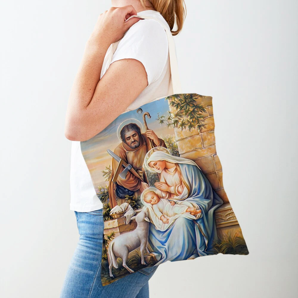 Дамски чанта за покупки от анимационни серии Virgin Mary, сгъваема чанта за пазаруване от коледното плат в стил Харадзюку, студентски холщовая чанта-тоут