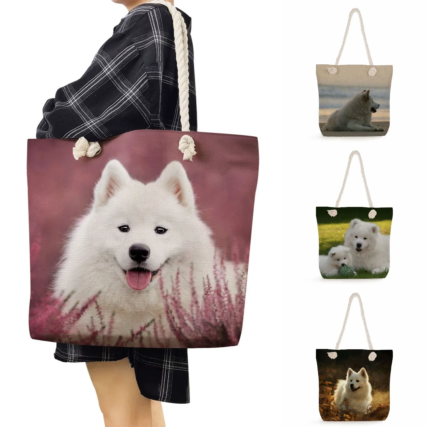 Дамски чанта през рамо с принтом сладък кученце Samoye, по-голямата голям Еко-чанта за еднократна употреба, преносим женствена чанта за пазаруване, с ежедневни, плажни пътни чанти
