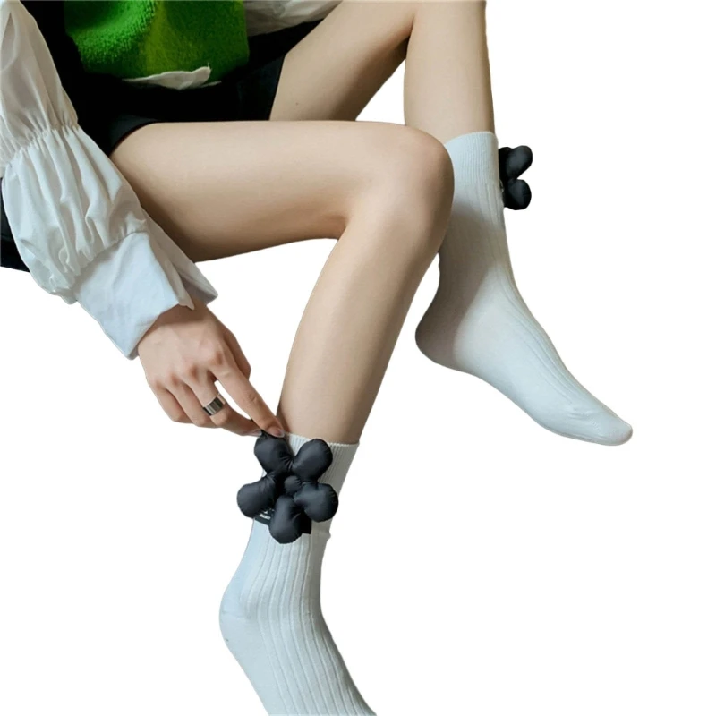 Дамски чорапи в цветенце с 3D подплата Y2K, ежедневни памучни чорапи в рубчик средна дължина