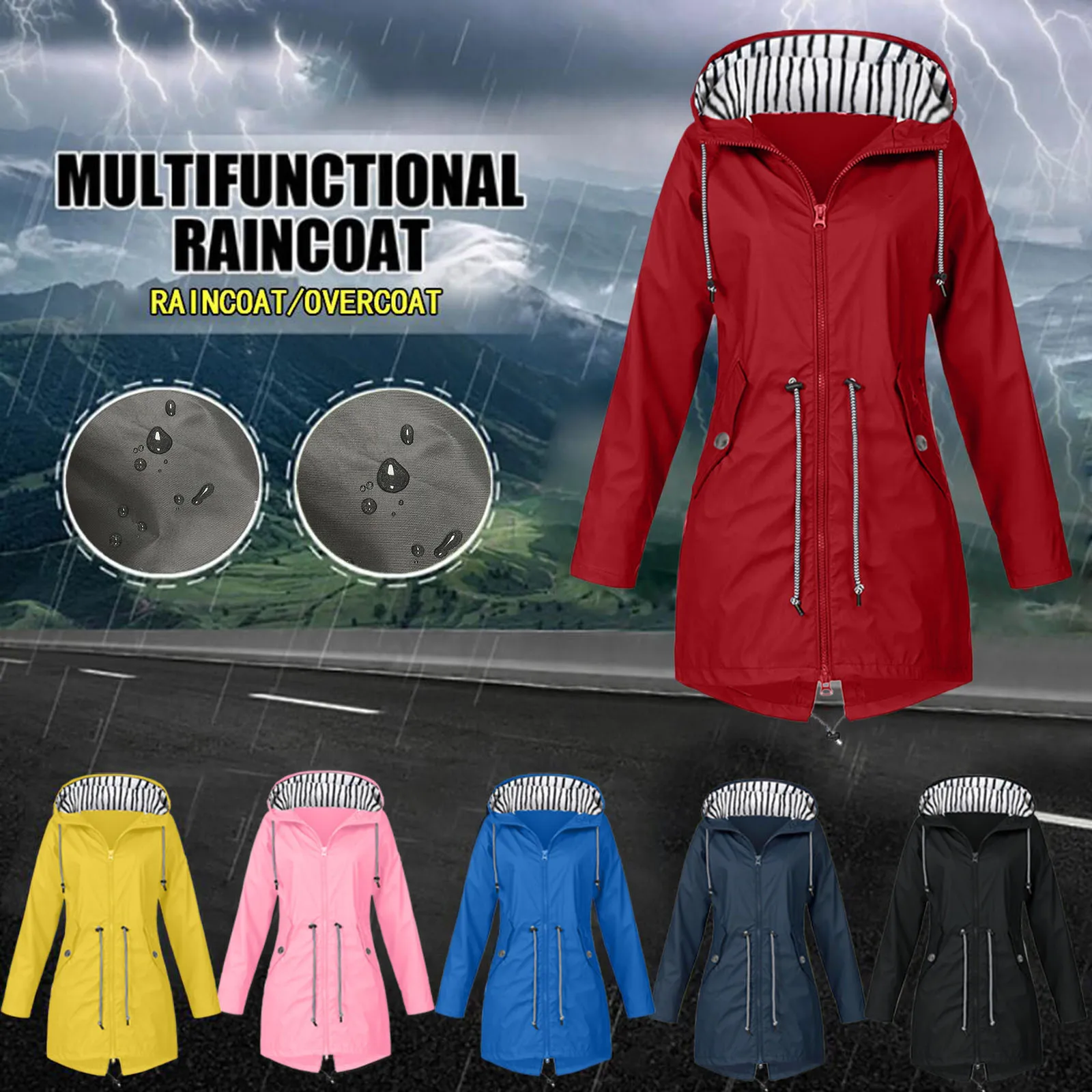 Дамско яке, палто, Ветрозащитная водоустойчива горна дреха с качулка и завязками, женски случайни лек дъждобран