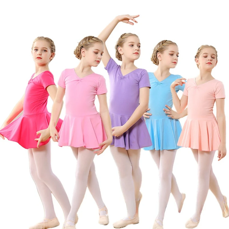 Детски Памучни Гимнастически Балетное Трика с Пола Танцово Рокля С Къс Ръкав Костюми За Деца Танцови Балерина за Момичета