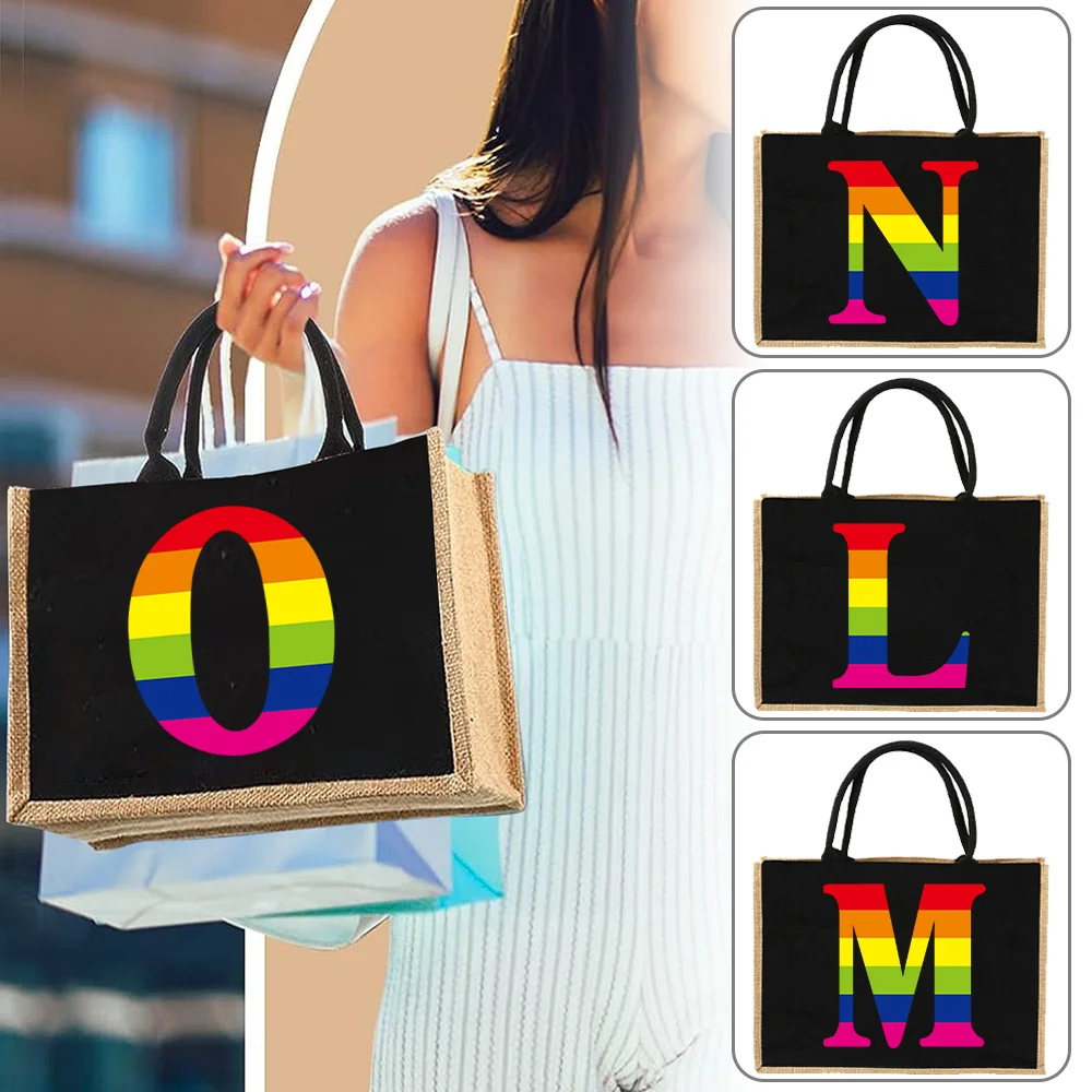 Джутовая чанта, бельо чанта през рамо, чанти с имитация на юта, спално бельо, чанти, дамски чанти, за пазаруване, ламинирани торбички с надпис Rainbow