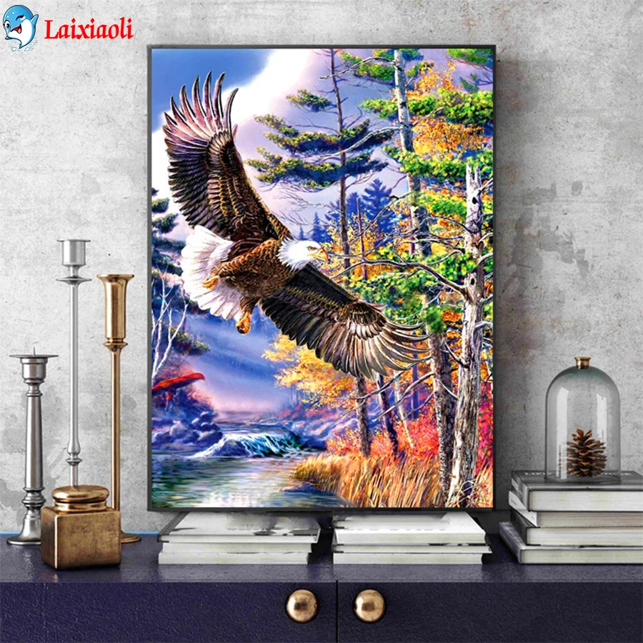 Диамантена бродерия на Абстрактното изкуство, пейзаж и гора, изображение на летящ орел Диамантена живопис бормашина Мозайка Бродерия на кръстат бод Стенно изкуство