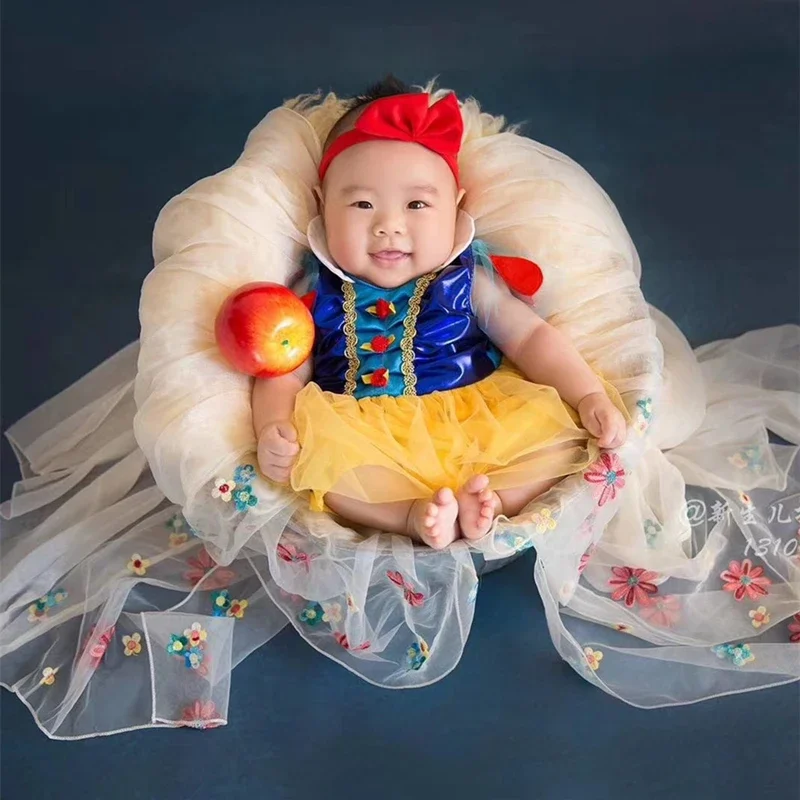 Дрехи за снимки на новородени, сняг-бяла рокля + превръзка на главата, 2 бр. /компл., Аксесоари за подпори за снимки на бебета, Студиен костюм за снимки на новородени момичета