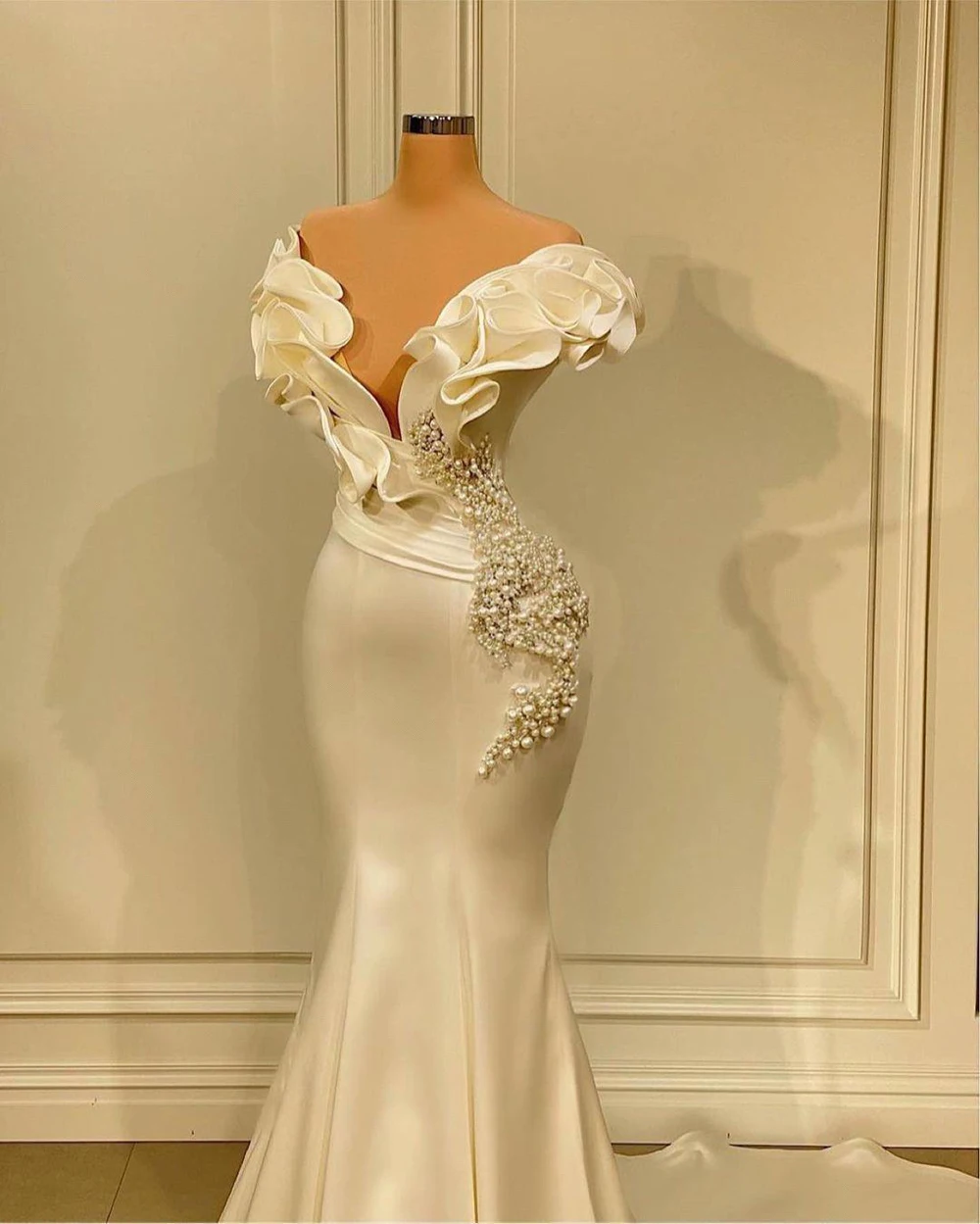 Дълги луксозни вечерни рокли 2023 с открити рамене, перлено-бял сатен Русалка, Дубай, дамски официални рокли за бала, Vestido