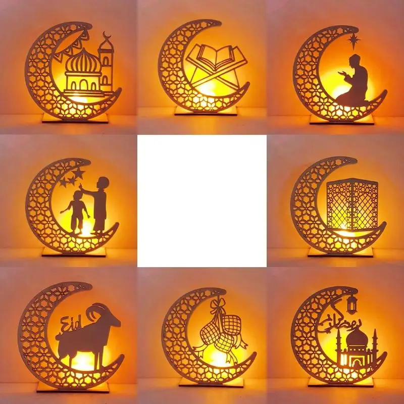 Дървена Рамадан Ейд Мубарак Луната Звезда Исляма Подвесная Чиния с Зажженными Свещи Украшение Начало Декор Подарък със Собствените си ръце QX2E