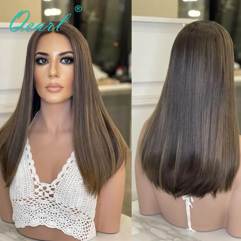 Еврейски Завързана Перука Човешка Коса 100% Virgin European Hair Светло Кафяв Цвят Излъчва Кошер, Подобен на Кожата Дантелени Предни Перуки за Lady Qearl