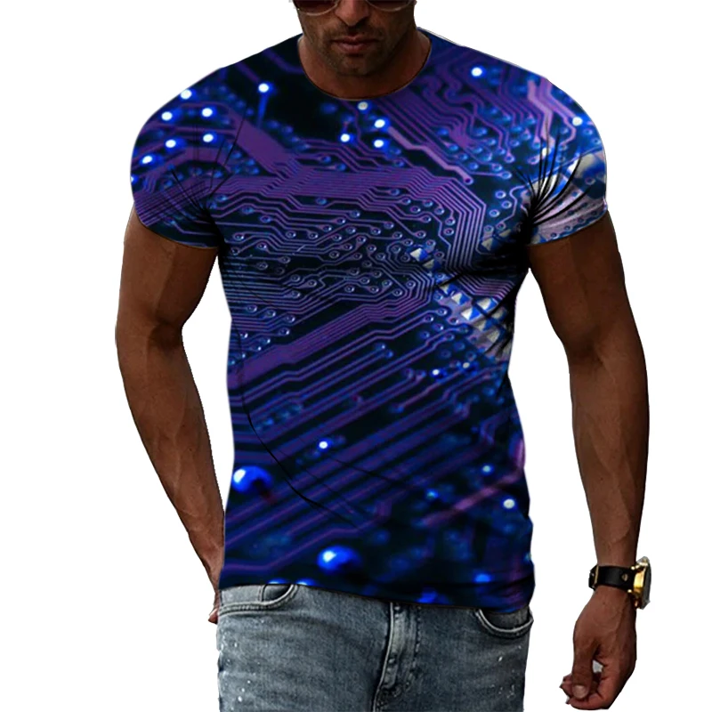 Ежедневни Блузи С кръгло деколте, 3D Печат на Електронния Чип, Мъжки t-shirt, Летни Творчески Дишаща Тениска За Фитнес, Улични Тениски Оверсайз