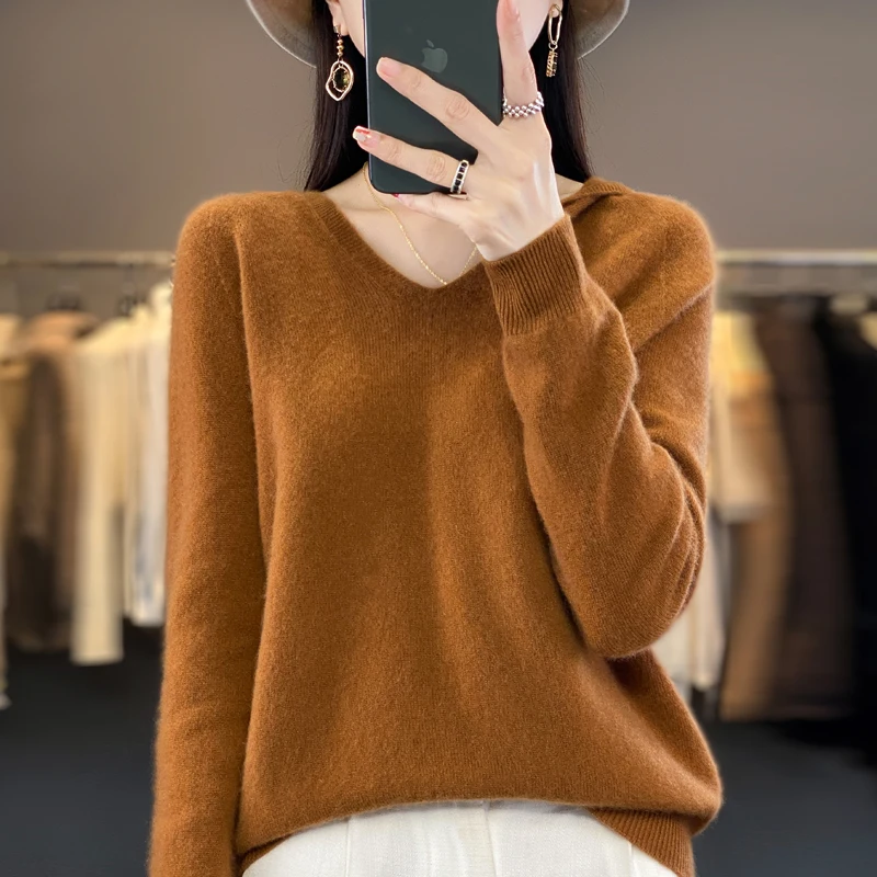 Есен/Зима 2023, нов дамски пуловер с качулка от 100% чиста вълна, със стилен обикновен универсален свободен топ