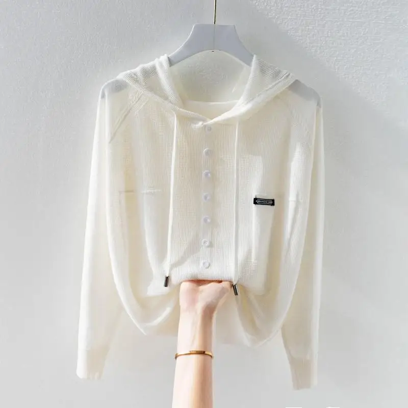 Есенна женска тениска от ледената коприна 2023 г., вязаная hoody с качулка с дълъг ръкав, свободна и тънка горна дреха с шапка, удобни надмощие