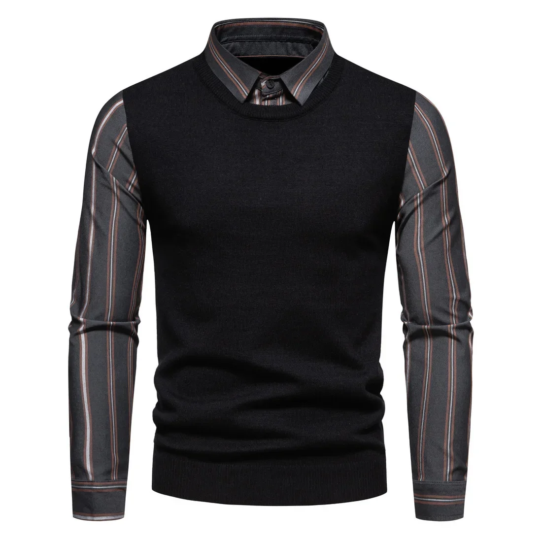Есенно-зимни трикотажная риза, мъжка риза, яката на ивици, ръкав, изкуствен пуловер с подплата от две части, пуловер