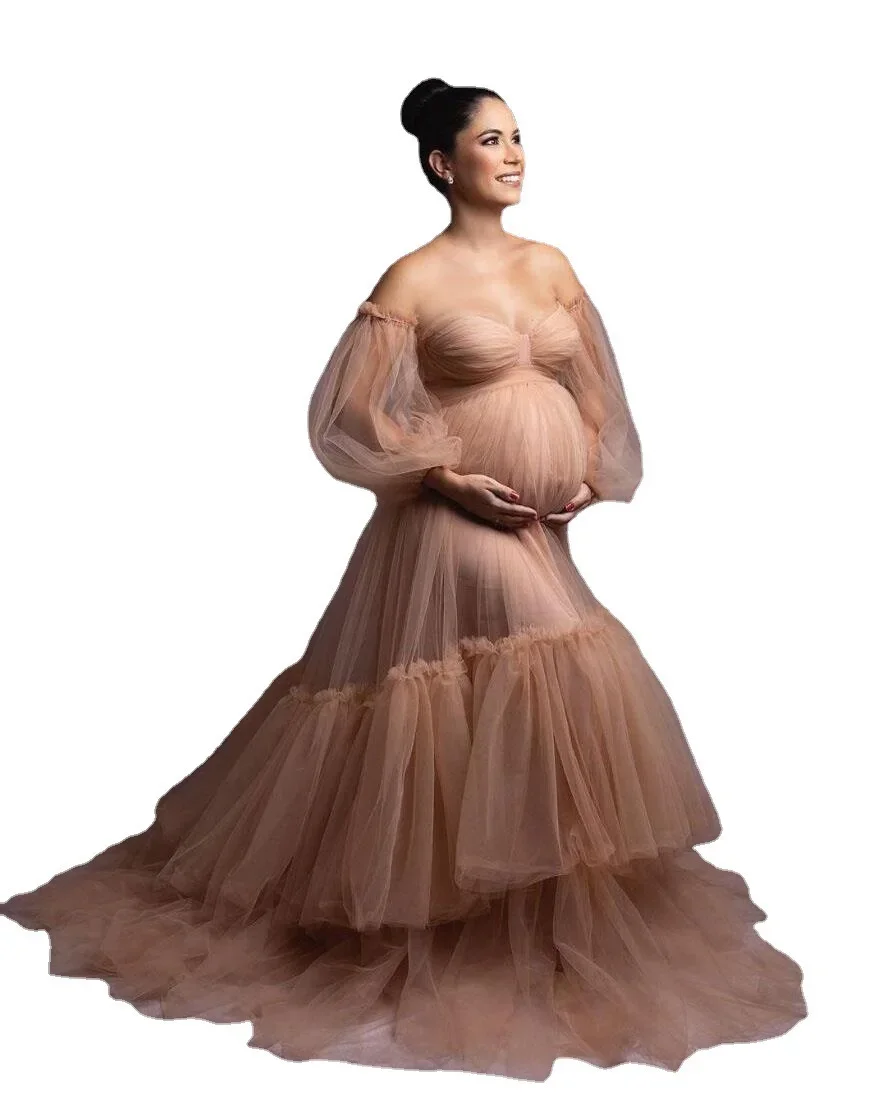 Жена буйни тюлевый халат за бременни с пищни ръкави и отворени рамене, Рокли за бременни, за фотосесия Тюлевое макси рокля за бременни Вечерно