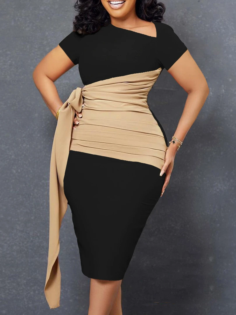 Жена дебнещ рокля за Лятото С диагонал яка, колани, обертывающими гънки в стил мозайка, Стилна офис дамски дрехи Елегантна опаковка в африканския стил XL