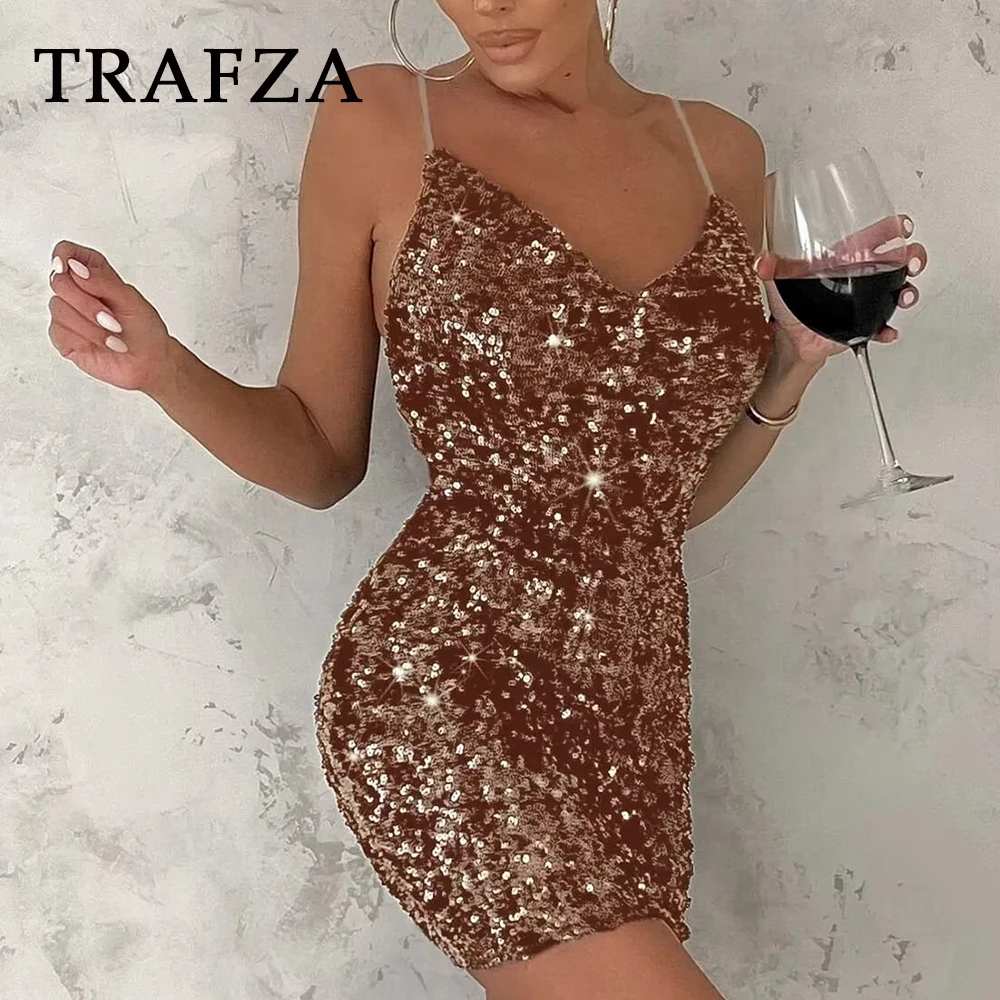 Жена секси рокля TRAFZA 2024, приталенное без ръкави рокля с цип, мини-рокля с ворсистым яка, мини-рокля с пайети, елегантна женствена рокля за партита.