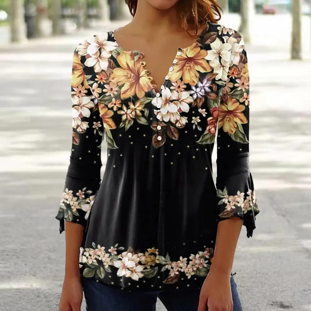 Жена топ свободно, намаляване, дамски блуза с флорални принтом, блуза с V-образно деколте и копчета, с 3D цветен принтом, без подгъва, дамски демисезонная облекло