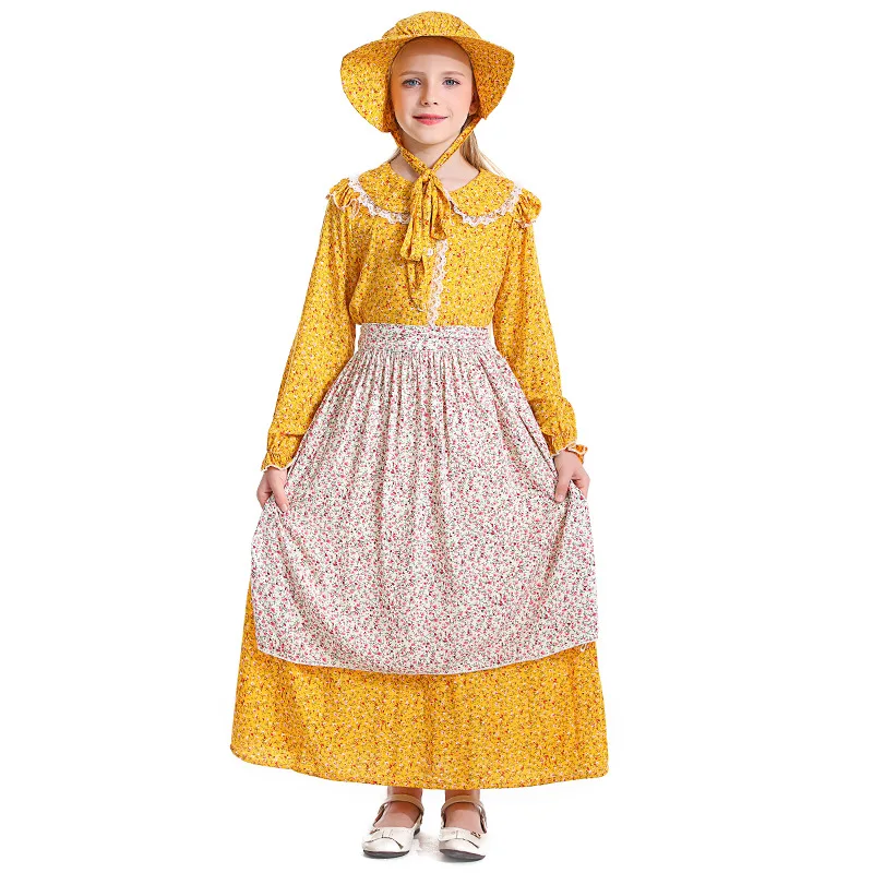 Жълти цветя, колониалната дрехи за момиченца, дрехи за пионерите на една поляна, дрехи пасторальном стил във ферма