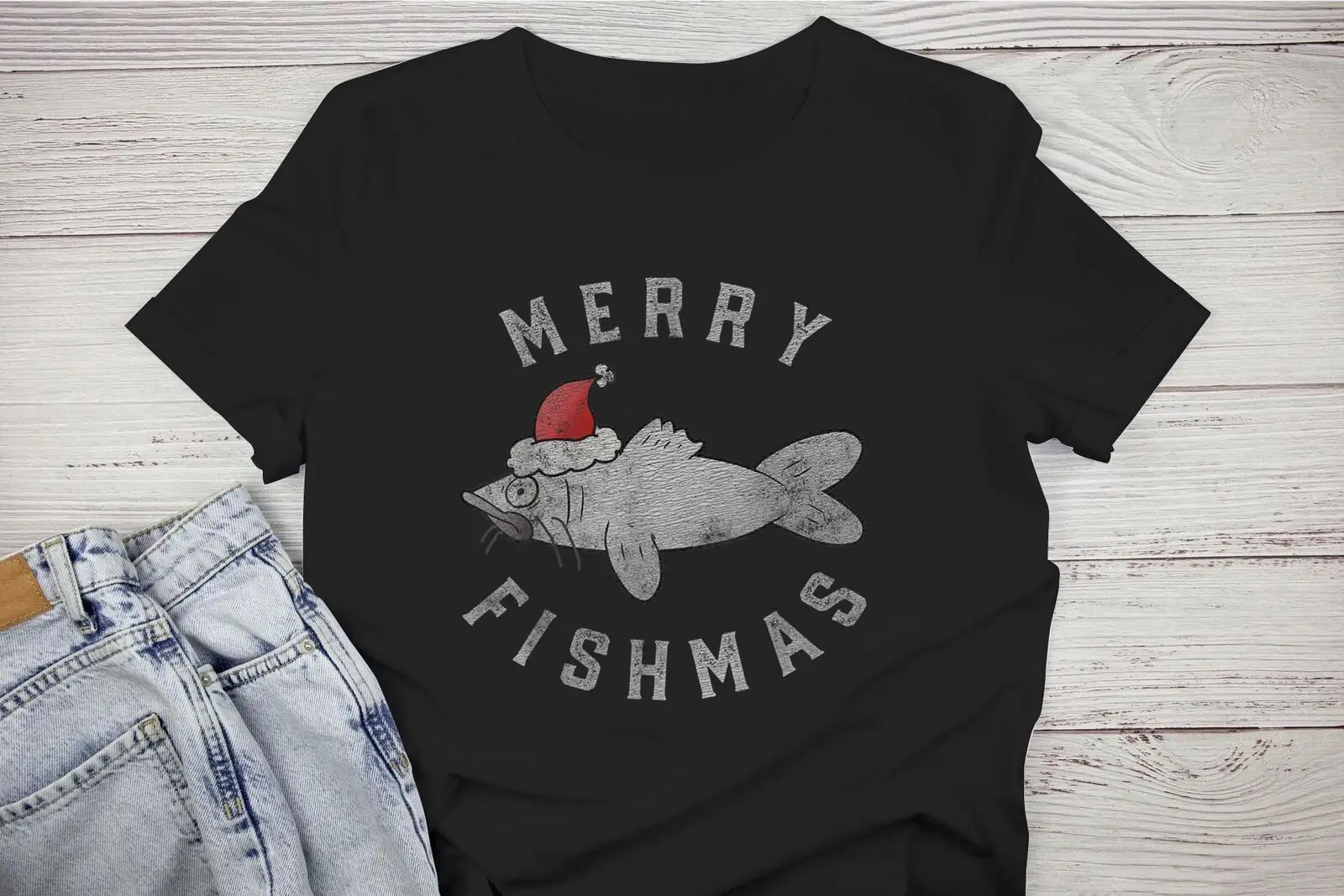 Забавна тениска Весела Fishmas, Коледен сом, шапка на дядо коледа, мъжка тениска за момчета