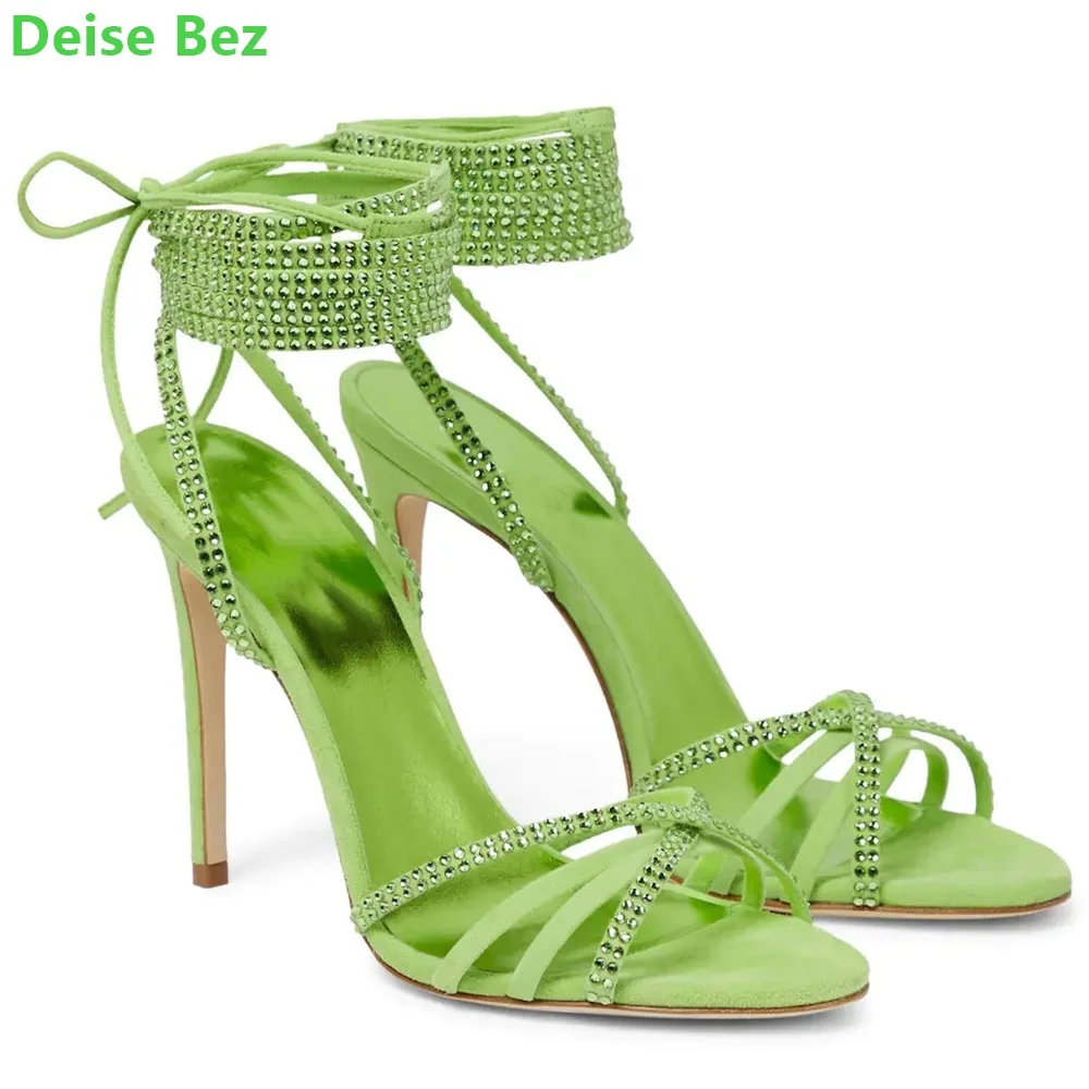 Зелени кристални сандали с появата на шнур, Сандали, през цялата чорап, Тънък Висок ток, Тясна лента, Однотонная, плитък, Модни Дамски летни обувки