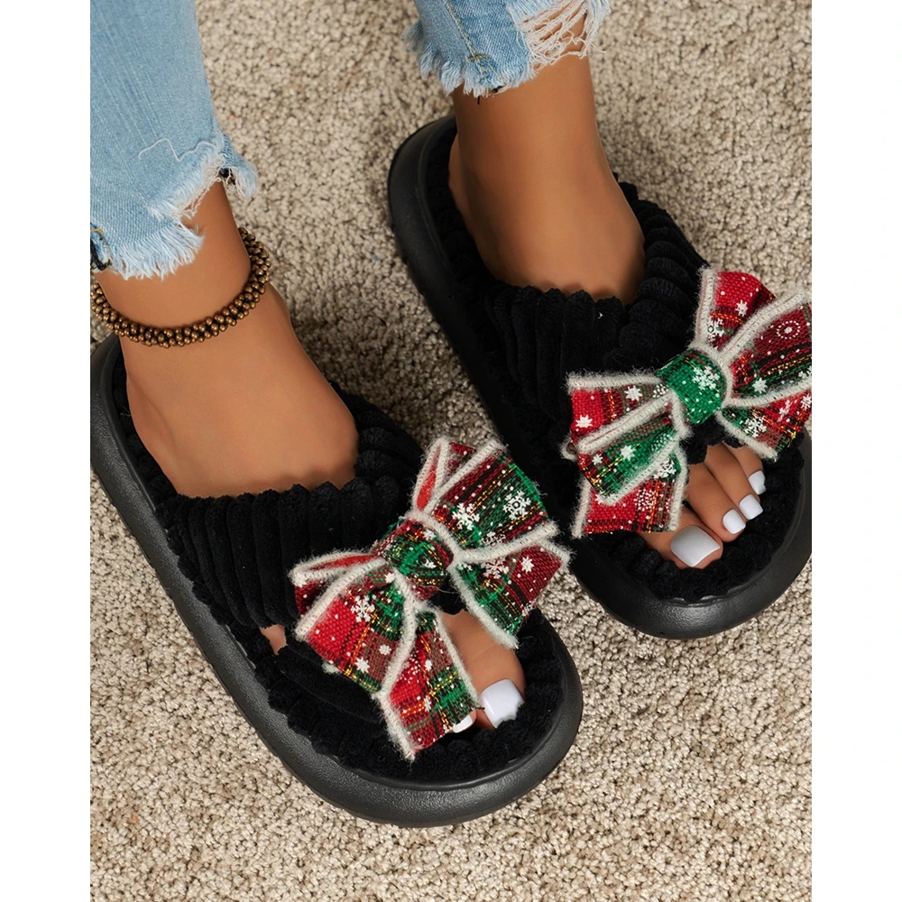 Зимни дамски Коледни чехли в клетка с лък, нескользящие пухкави чехли на равна подметка, Нова стилен дамски ежедневни домашни обувки