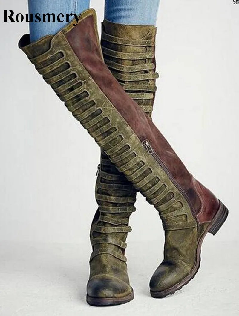 Зимни нови модни дамски ботуши над коляното с джапанки и кръг пръсти, Велур и кожени престрелки ботуши на равна подметка, Безплатна Доставка