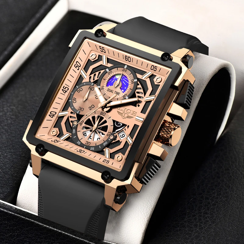 Кварцов мъжки часовник LIGE, ежедневни спортни Модни луксозни мъжки водоустойчив часовник с каишка силикон, светещи Кухи квадратни мъжки ръчен часовник